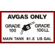 AVGAS Only Grade 100 LL MAIN TANK 61.5 U.S. Gallon decals